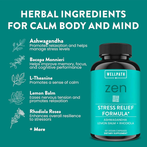 WellPath Zen Stress Relief Supplement + Mood Support, Ashwagandha Root, Rhodiola Rosea, L-Theanine, 60 Herbal Capsules