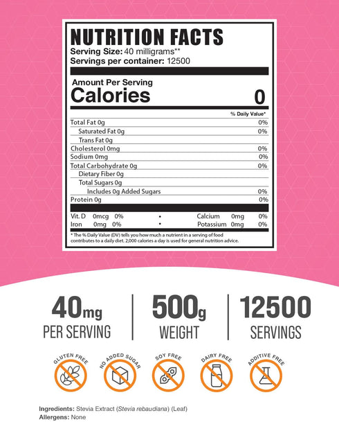 BulkSupplements.com Stevia Extract Powder, Zero Calorie Sweetener, Gluten Free, 500g