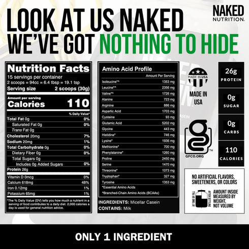 Naked Casein, 1Lb Micellar Casein Protein, Bulk, GMO-Free, Gluten Free, 15 Servings