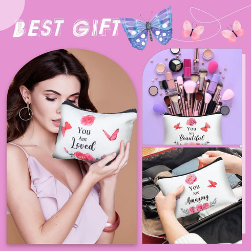 Hillban 10 Pcs Inspirational Gifts Bulk Cosmetic Bag for Women Employee Appreciation Gifts, You Are Amazing Loved Green Leaves Makeup Bags(Butterfly)
