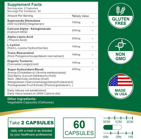 700MG Sod Superoxide Dismutase Supplement - High Potency Antioxidant Supplement for Cellular Health - 60 Capsules