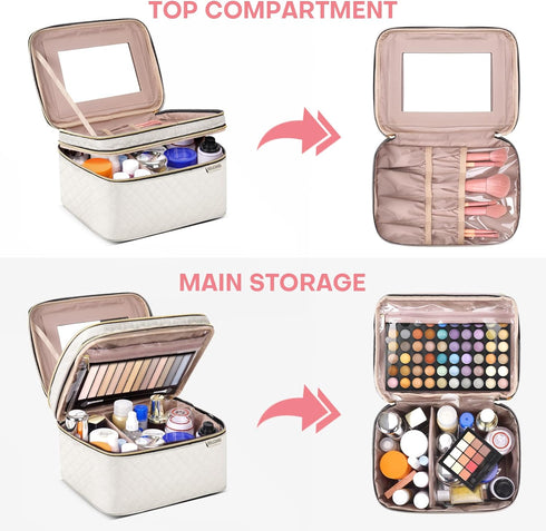 Large Makeup Bag with Mirror, Double Layer Travel Organizer Case, Large Capacity with Brush Slot Divider