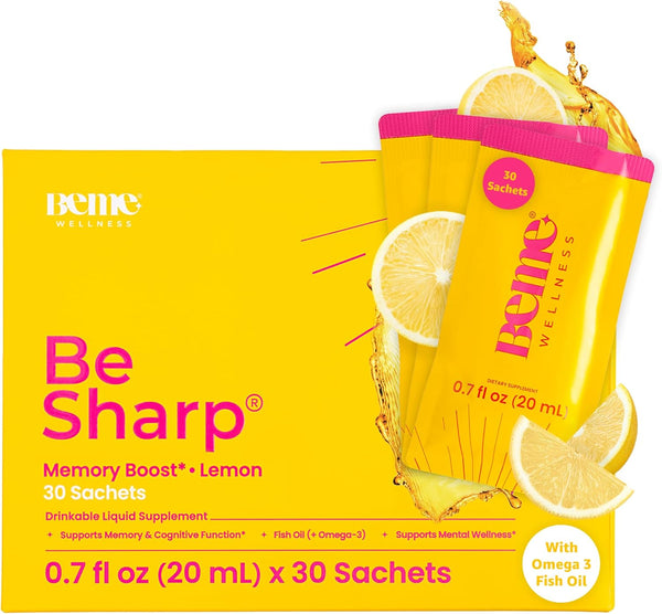 BeMe Be Sharp Omega 3 Brain Supplement - Liquid Omega 3, Turmeric Curcumin - 30 Day Supply for Concentration, Memory