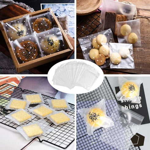 Self Adhesive Cookie Cellophane Treat Bags 5.5x5.5 Inches, 100 Pcs Resealable Plastic Packaging with Thank You Labels