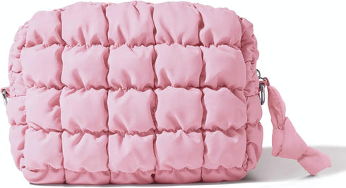 Quilted Makeup Bag - Travel Toiletry Bag for Women, Cute Baby Pink Makeup Organizer Pouch (M, Pink)