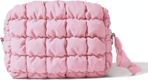 Quilted Makeup Bag - Travel Toiletry Bag for Women, Cute Baby Pink Makeup Organizer Pouch (M, Pink)