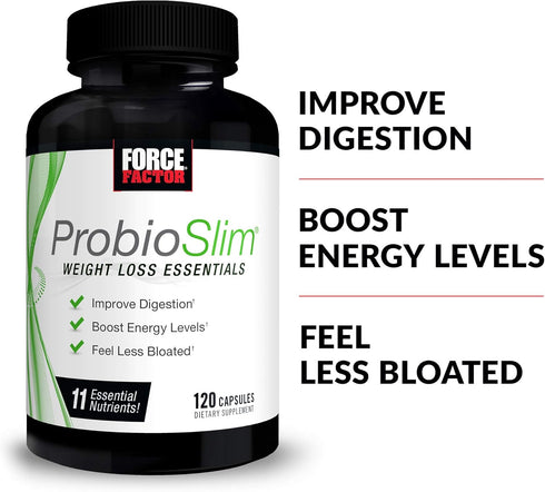 FORCE FACTOR ProbioSlim Weight Loss Essentials Complete Daily Digestive Health and Weight Loss Probiotic Supplement for Women and Men with Electrolytes and Green Tea Extract, 120 Capsules