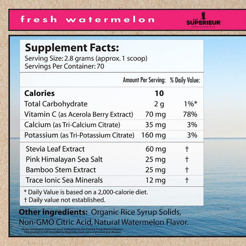 Superieur Electrolytes - Plant Based Supplement w/Sea Minerals for Hydration & Recovery - Watermelon (70 Servings)