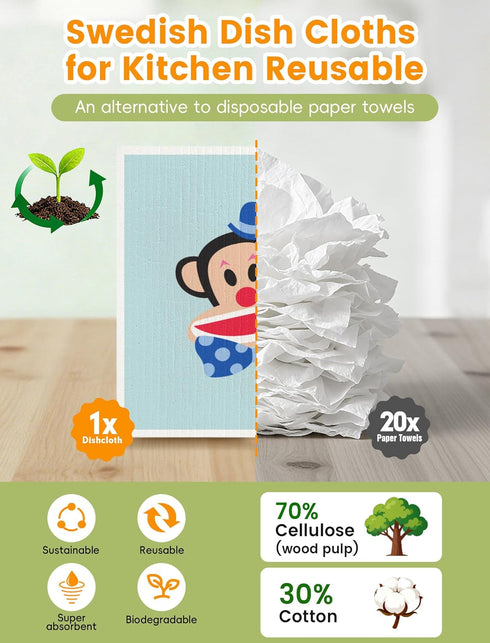 Paul Frank 6 Pack Swedish Dishcloths for Kitchen, Funny Swedish Dish Cloths Reusable Paper Towels, Super Absorbent Dish