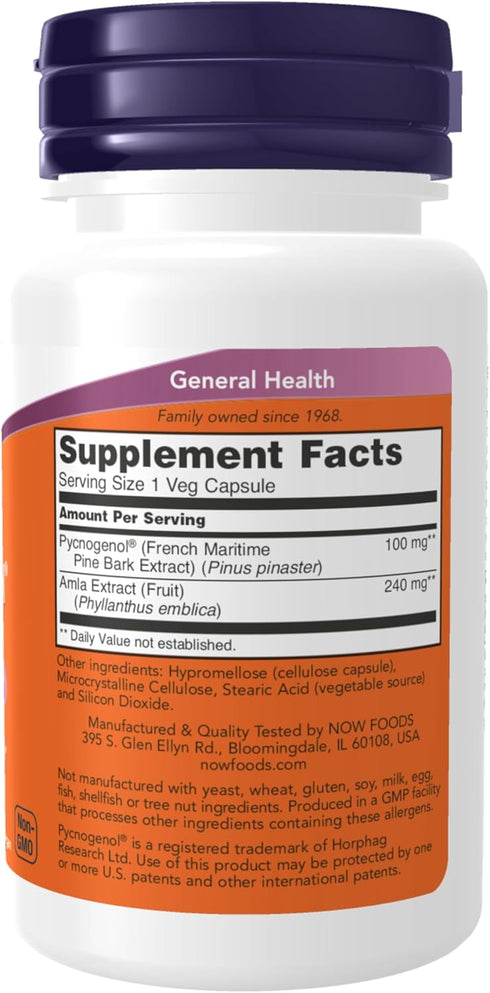 NOW Foods Supplements, Pycnogenol 100 mg with Amla, 60 Veg Capsules, Unique Proanthocyanidins