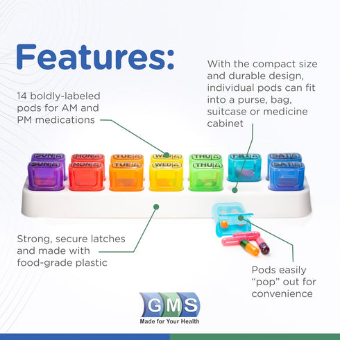 GMS Weekly Pill Organizer, 7 Day AM/PM Pop Out Pill Pods for Vitamins, Supplements & Medications, Rainbow