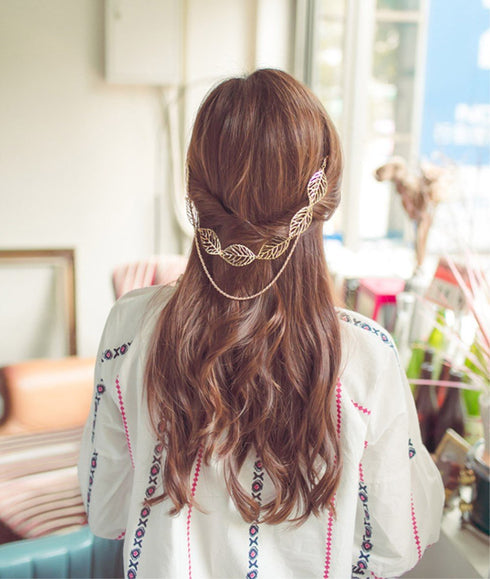 yueton 2pcs Fashion Ladies Hollow Out Leaves Gold Chain Alligator Clips, Hair Clips for Bride