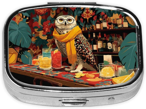 XBubupX Owl Vintage Glasses Perched On A Bar Cart Pill Box Square Metal