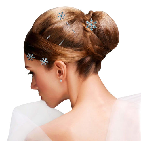 Lurrose Snowflake Hair Clip, 6PCS Rhinestone Bridal Hairpin, Blue Snowflake Hair Barrettes for Wedding and Christmas