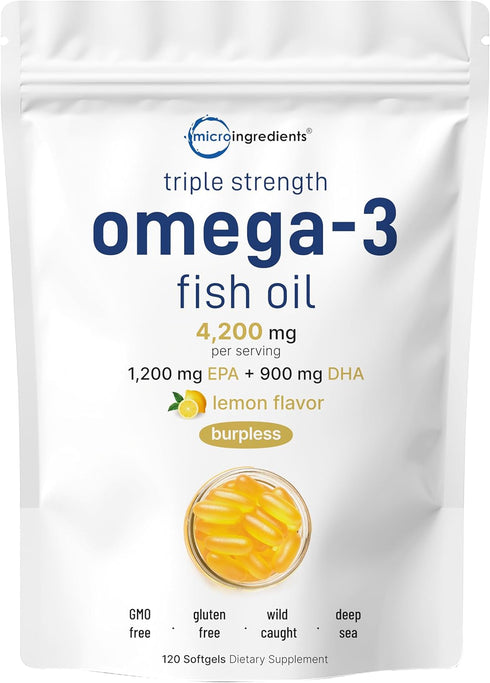 Triple Strength Omega 3 Fish Oil Supplements, 4200mg Per Serving, 120 Softgels – Lemon Flavored, Burpless | EPA 1200mg