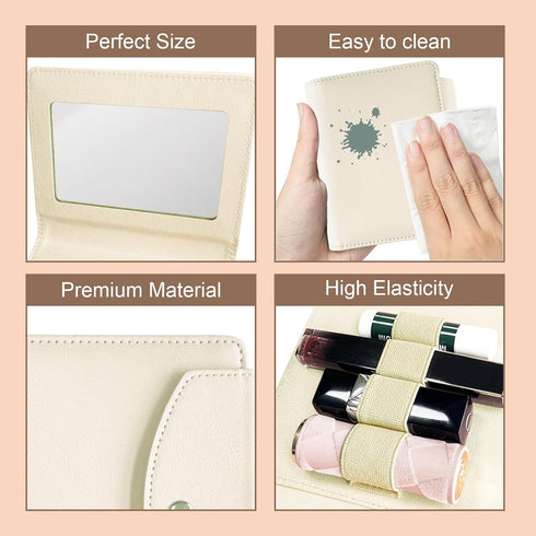 PU Lipstick Case Holder with Mirror, Holds 4 Long Lipsticks, Makeup Travel Organizer Bag for Women and Girls