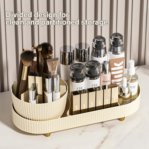 Rotating Makeup Organizer for Vanity with Brush Holder, Large Spinning Makeup Skincare Organizer (15x6.3'')