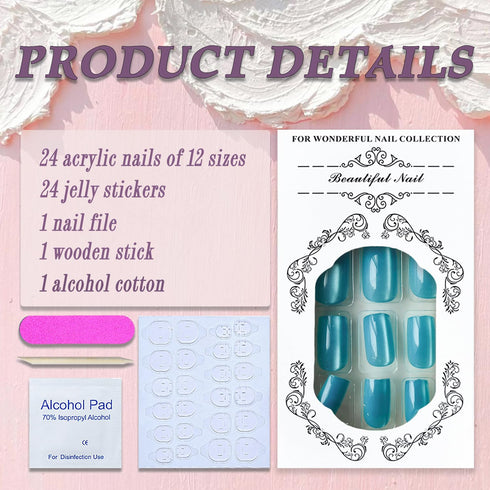 Lake Blue Press on Nails, Medium Square SWEKKE Fake Nails Full Cover, Glossy Glue on Nails for Women, 24 Pcs