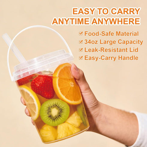 TTzycc 30 Sets 34 oz Drink Buckets with Lids and Straws, Reusable Clear Plastic Party Cups for Iced Coffee, Smoothies