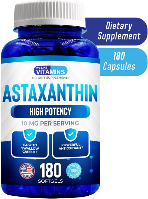 WeLikeVitamins Astaxanthin 10mg Softgel, Organic Supplements for Eye, Joint, Skin Health & Energy, 180 Servings