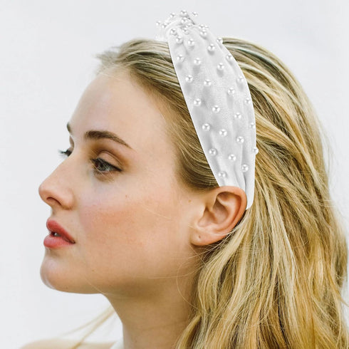 VELSCRUN Pearl Headband, Black White Pink Red Knotted Headbands for Women, Beaded Non Slip Wide Top Knot Hair