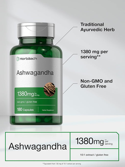 Horbaach Ashwagandha Capsules 1380mg | 180 Count | Non-GMO, Gluten Free Root Extract Supplement