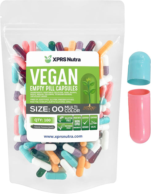 XPRS Nutra Size 00 Empty Capsules - 100 Count Vegan Capsules for DIY Vegetable Capsule Filling (Multi-Color)