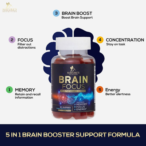 Brain Supplement for Memory & Focus | Nootropics for Concentration | 60 Gummies with B6, B12, Phosphatidylserine
