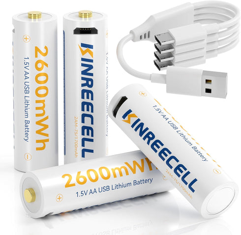 Rechargeable AA Li-Ion Battery, 4 Pack 2600mWh 1.5V with 4 USB Cables, 1.5 Hour Fast Charge