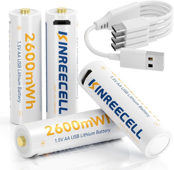 Rechargeable AA Li-Ion Battery, 4 Pack 2600mWh 1.5V with 4 USB Cables, 1.5 Hour Fast Charge
