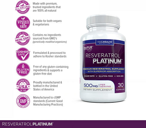 Resveratrol Platinum Antioxidants Supplement - Powerful Anti-Aging Formula, 30 Gluten Free Veggie Capsules