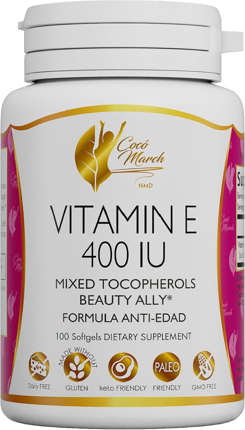 Coco March Natural Vitamin E 400 IU - Mixed Tocopherols, 3 Month Supply - Gluten Free, Dairy Free, 100 Softgels