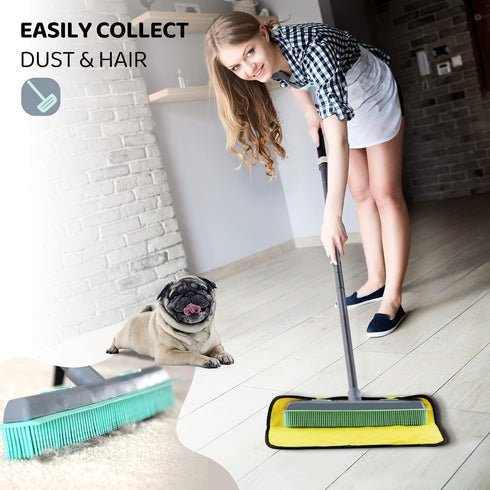 Conliwell Rubber Broom Carpet Rake for Pet Hair, Portable Detailing Lint Remover Brush with Squeegee