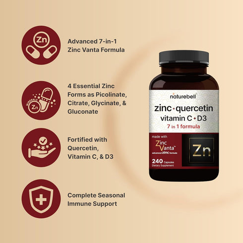 NatureBell Zinc Quercetin with Vitamin C & D3, 240 Capsules, 4 in 1 Zinc 50mg, Quercetin 1,000mg, Vitamin C 250mg