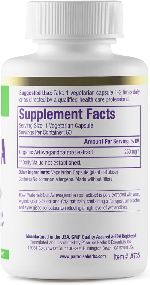 Paradise Herbs Organic Ashwagandha, Vegan, Non-GMO, 180 Vegetarian Capsules, Ayurvedic Adaptogen