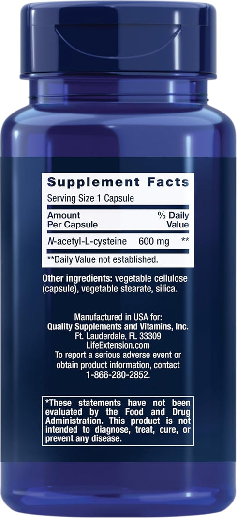 Life Extension N-Acetyl-L-Cysteine (NAC), immune, respiratory, liver health, NAC 600 mg, potent antioxidant support, free-radicals, easy to absorb, 60 capsules