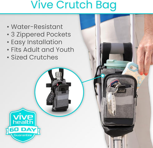 Vive Crutch Accessories Bag - Pouch for Crutches, Accessory Storage Carry Kit with Cup and Bottle Pocket Holder, Gray