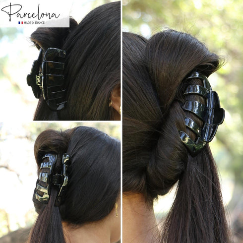 Parcelona French Tubular Black 3" Hair Claw Clip, Celluloid Covered Spring No Slip Grip for Women