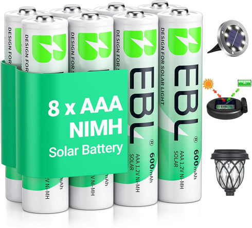 EBL Solar AAA Battery - for Outdoor Solar Lights Replacement, 1.2V 600mAh Rechargeable AAA Batteries, Triple A Battery