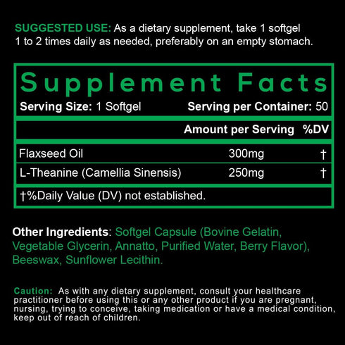 Smarter L-Theanine 250mg Supplement - Non-GMO Flaxseed Oil, 50 Liquid Softgels