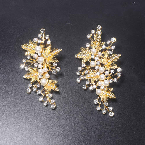 Wedding Hair Clips (2 Pcs) - Rhinestone Pearl Hair Accessories for Bridal Women (Gold)