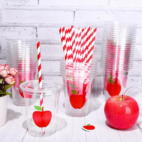 Whaline 50Pcs Back to School Apple Disposable Plastic Cups, 12oz Red Apple Cold Beverage Drinking Cups with Lids and
