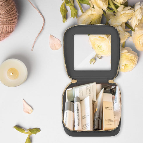 Mini Clear Makeup Bag for Purse - Cute Small Travel Cosmetic Bag for Women, Waterproof Leather Pouch with Gold Zipper