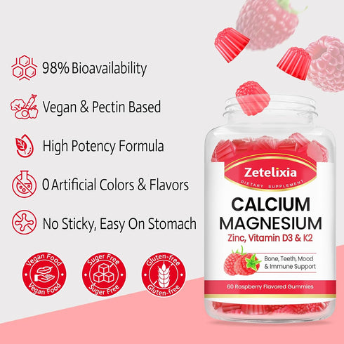 Sugar Free Calcium Gummies for Women Men, Raspberry Flavor, Calcium Magnesium Zinc with Vitamin D3 & K2 - 120 Count