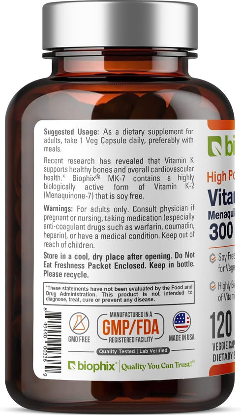 biophix Vitamin K2 MK-7 - 300 mcg, 120 Vcaps - High-Potency for Strong Bones & Immune Health