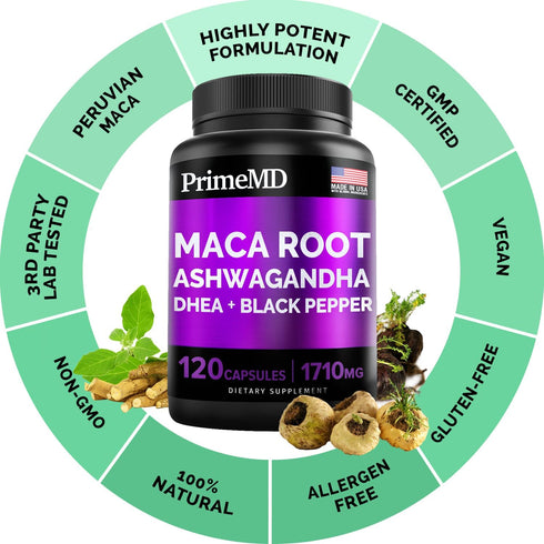 6-in-1 Organic Maca Root & Ashwagandha Capsules 1710mg, 120 Capsules, DHEA & Black Pepper Extract, Mood & Stamina