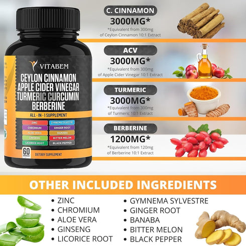 Vitabem 3000mg 3000mg 3000 2000mg 2000mg 1200mg 60 Count Ceylon Cinnamon Capsules Turmeric Apple Cider Vinegar mg