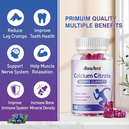 Calcium Citrate Gummies, Chewable 1000mg for Bone, Muscle & Immune Support, Blueberry Flavor, 120 Chews