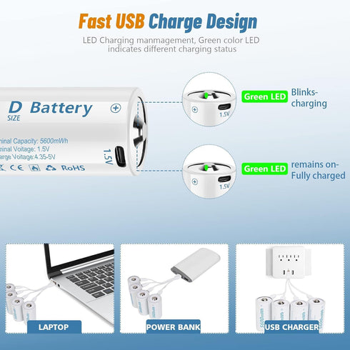 winbasic 4 1 Cable,1.5V 5600mWh (6 Pack) Rechargeable Lithium D Batteries with in USB-C Charging D Size Cell Battery