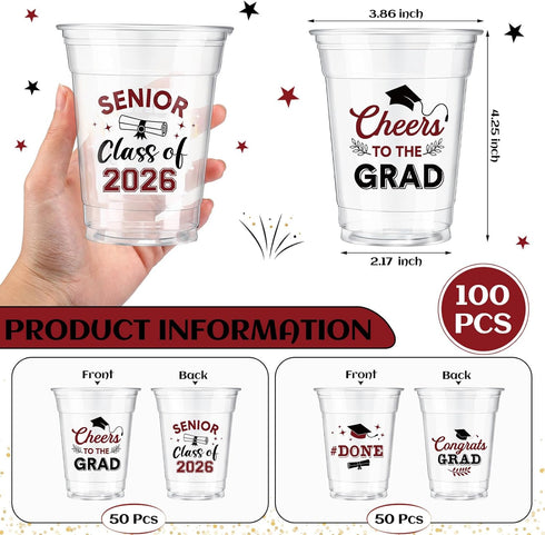 Yiyiring 100 12oz 2026 Pcs Graduation Disposable Cups Class of Cups Congrats Grad Glasses Elegant Graduation Party